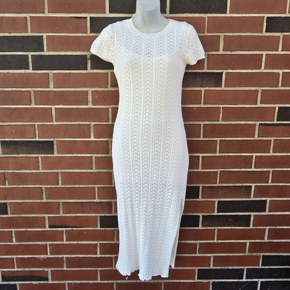 Willow & Wind Ivory Cable Knit Sweater Dress Crew Neck Cap Sleeve Long Cotton S